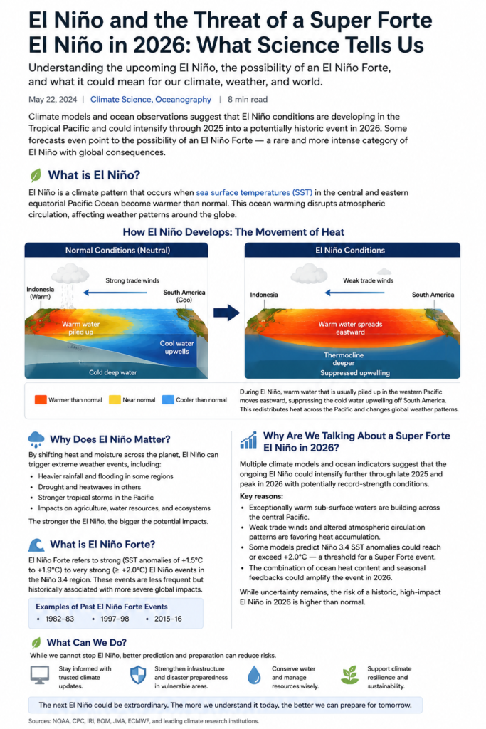 Infographic showing how El Niño moves heat across the tropical Pacific. Neutral conditions show strong trade winds, warm water piled in the western Pacific, and cold upwelling near South America. El Niño conditions show weak trade winds, warm water spreading eastward, a deeper thermocline, and suppressed upwelling.